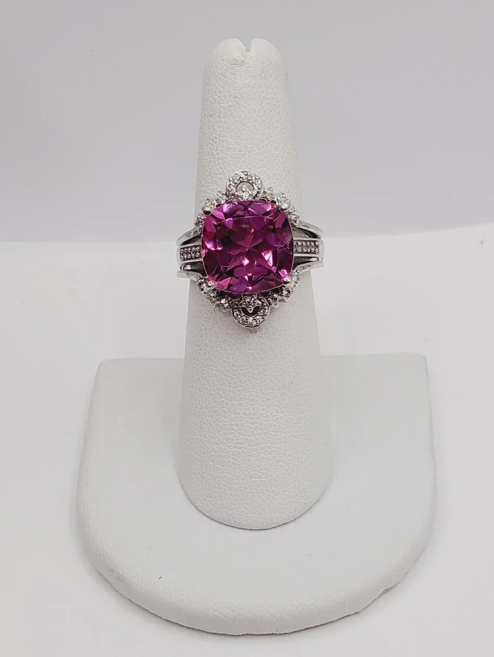 Cushion Pink Quartz & White Zircon Halo Bridal Wedding Ring Set Platinum - 925